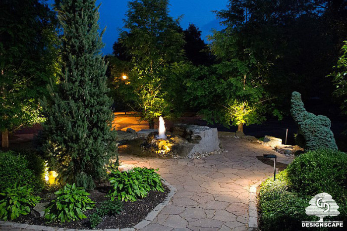 Softscape, Hardscape, Night, Nightscape, Fountain, Water Feature, Lighting, Walkway Lighting, Softscape Lighting, Rock Fountain, Bloomington