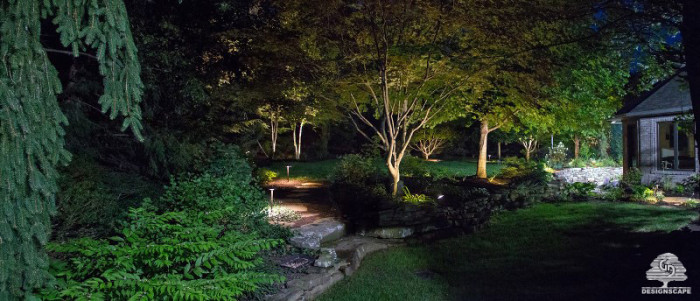 Landscape, Hardscape, Lighting, Pathway Lighting, Softscape Lighting, Bloomington, Residential, Night, Nightscape, Backyard, Stone Wall, Stone Steps, Retaining Wall, Residential Garden