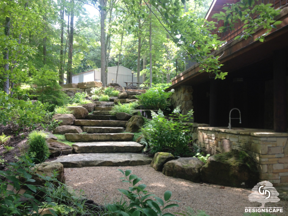 shade garden, hardscape, sandstone steps, natural stone staircase