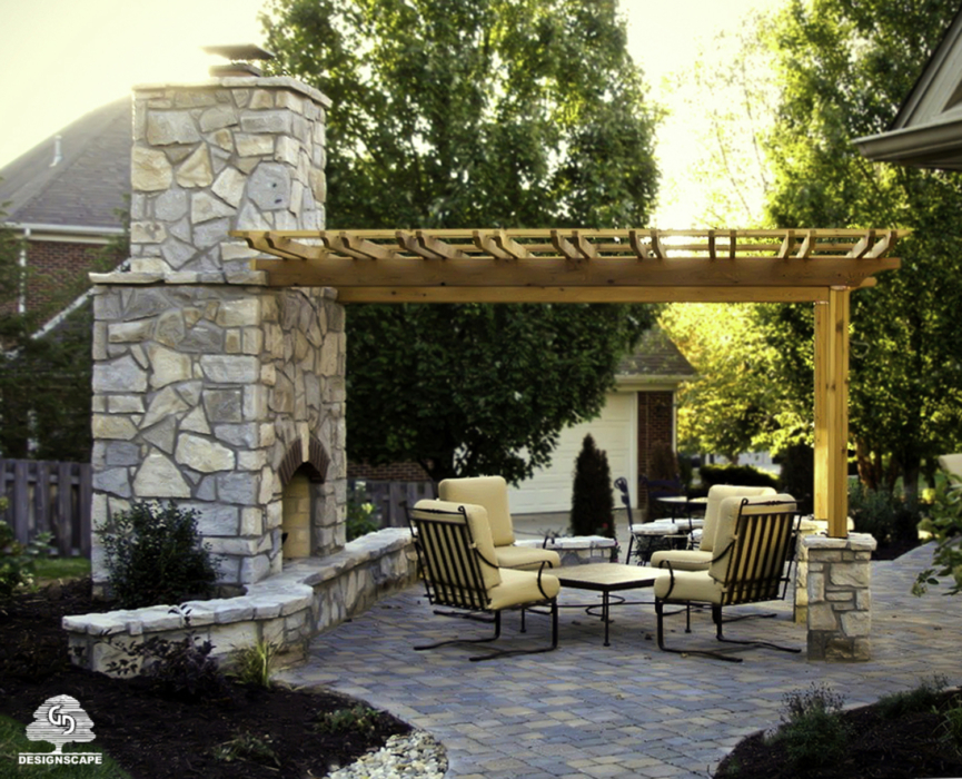 hardscape, outdoor living area, stone fireplace, residential, pergola, pavers